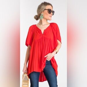 NWT Umgee Boho Tomato Red Women's Top with Wire V Babydoll Top Size Small #1016